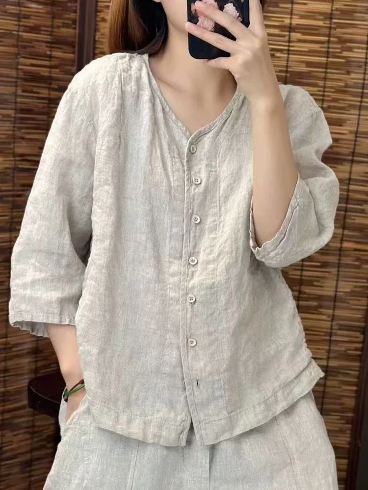 레트로 코튼 린넨 여성 셔츠 여름 새 스타일 퓨어 컬러 v 넥 미드 슬리브 예술적 캐주얼 루즈 다목적 탑