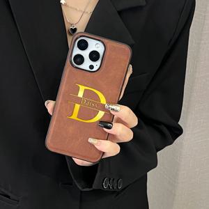 아이폰 16 15 14 13 12 11 Pro Max Plus 맞춤 이름 케이스, 개인 맞춤 이니셜 3D 각인 골드 레터 인조 가죽 커버