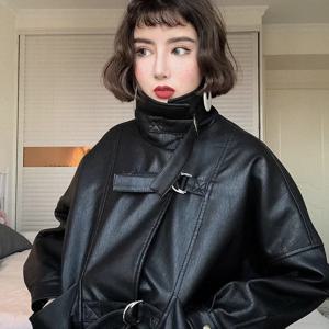여성용 루즈한 박쥐 소매, 인조 가죽 바이커, 짧은 지퍼, PU 블랙 재킷, 용수철 및 가을
