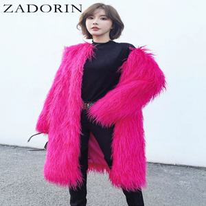 자도린 95cm 롱 퍼지 인조 양털 코트 여성 패션 화려한 고급 푹신한 인조 모피 재킷 겨울 모피 코트 여성 의류