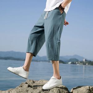 남성용 캐주얼 짧은 바지, 코튼 및 린넨 루즈 팬츠, 9 포인트 스트레이트 팬츠, M-5XL 트렌드, 여름 신상