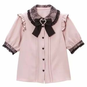 일본 카와이 옷깃 넥 보우 셔츠 여성 여름 짧은 소매 레이스 로리타 블라우스 Y2k 그런지 하트 버튼 Blusas Mujer