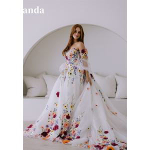 아만다 맞춤형 꽃 레이스 자수 Tulle Fabric 댄스 파티 드레스 분리형 기차 vestidos de fiesta A 라인 فستان حفلات الزفاف