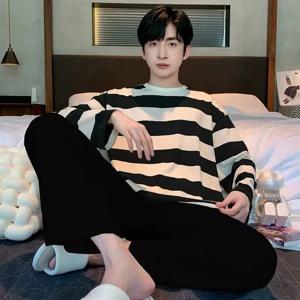남성용 스트라이프 잠옷 투피스, 학생 라운지웨어, 상의 및 바지 세트, 청소년 잠옷 홈웨어, 가을 및 겨울