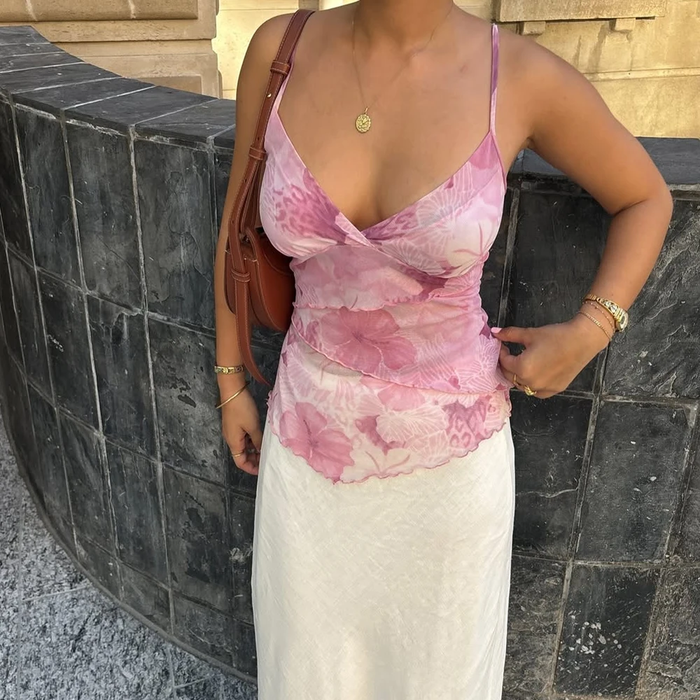 여성 여름 빈티지 y2k 미적 자르기 탑 꽃 프린트 Boho 민소매 스파게티 스트랩 메쉬 Coquette Tanks Camis를 통해 볼 수 있습니다.