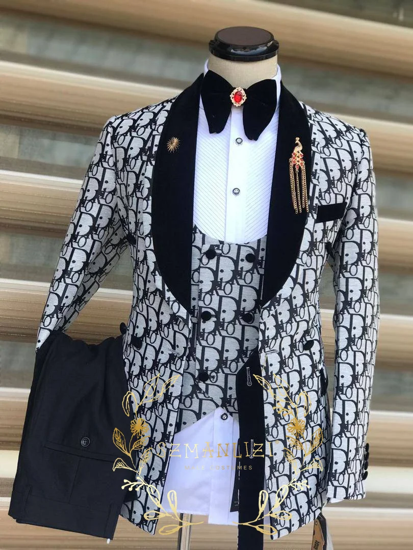 럭셔리 더블 브레스트 남성 정장 슬림 피트 목도리 옷깃 신랑 정장 턱시도 댄스 파티 3 Pcs 세트 비즈니스 남성 블레이저 의상 옴므