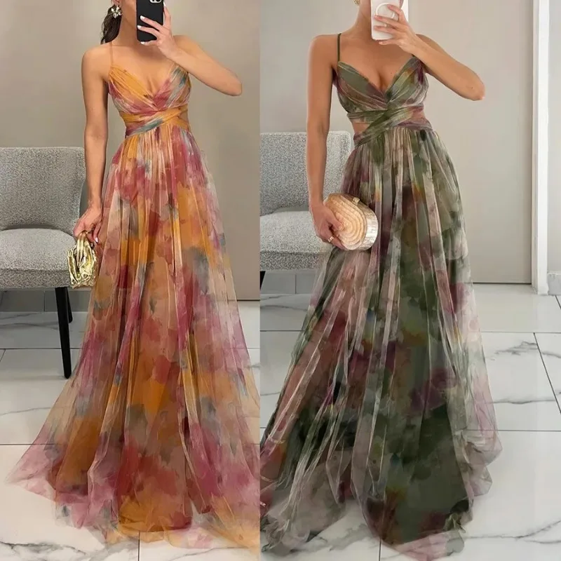 섹시 할로우 파티 드레스, 여성 여름 Loungewear 패션 인쇄 맥시 드레스, 민소매 레이스 업 숙녀 드레스 Vestido