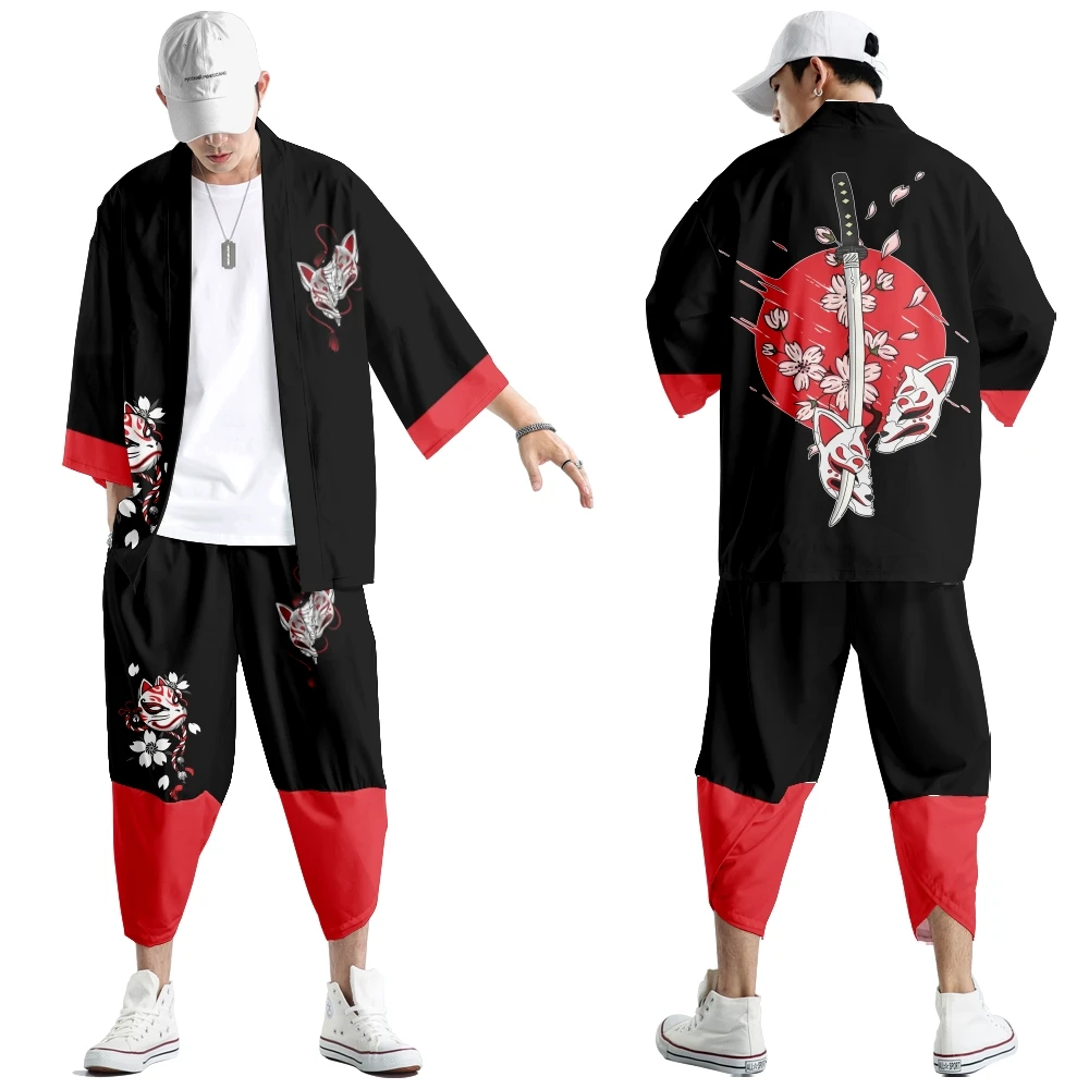 투피스 양복 특대 XXS-6XL 일본식 패션 기모노와 바지 세트 남성 카디건 블라우스 하오리 오비 아시아 옷
