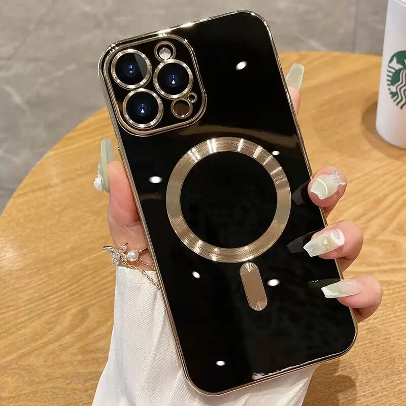 iPhone 15 14 13 12 11 Pro Max Plus 카메라 렌즈 보호 커버가있는 자기 무선 충전 케이스 용 고급 전기 도금