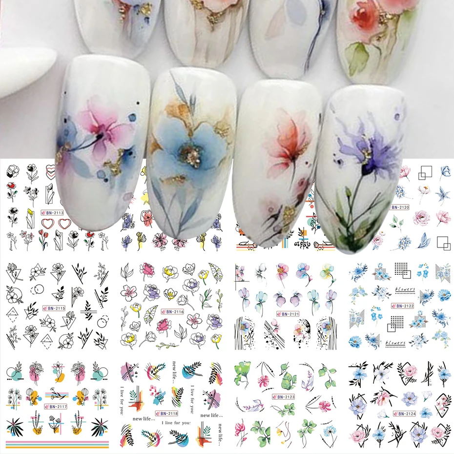 12pcs 기하학 꽃 잎 네일 스티커 라인 낙서 페인트 다채로운 물 데칼 링크 네일 장식을위한 피는 슬라이더