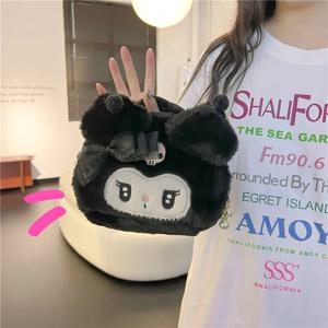 Kawaii 만화 플러시 블랙 Kuromi 핸드백 귀여운 핑크 내 멜로디 보우 진주 메이크업 가방 여자 여자 휴대용 저장 가방 선물
