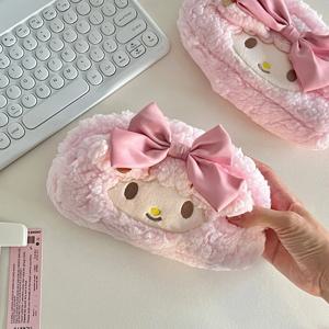 만화 Sanrio 멜로디 유행 최신 핑크 플러시 높은 미적 소녀의 하트 모양의 대용량 필통