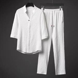 남성용 빈티지 단추 상의 투피스 세트, 캐주얼 셔츠와 바지 정장, 단색 운동복, 레저 의류, 여름