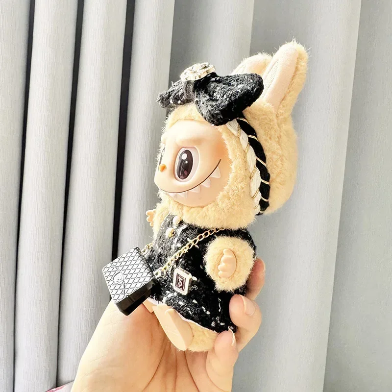 17cm Labubu 인형 옷 고급 럭셔리 디자인 사용자 정의 하트 비트 인쇄 모자 화려한 드레스 액세서리