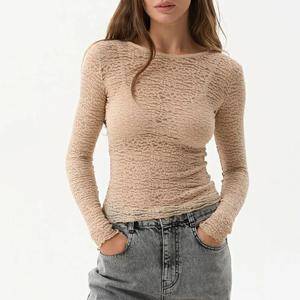 Hirigin Womens Sheer 레이스 탑 슬림 솔리드 컬러 라운드 넥을 통해 볼 긴 소매 언더 셔츠 봄 캐주얼 streetwear