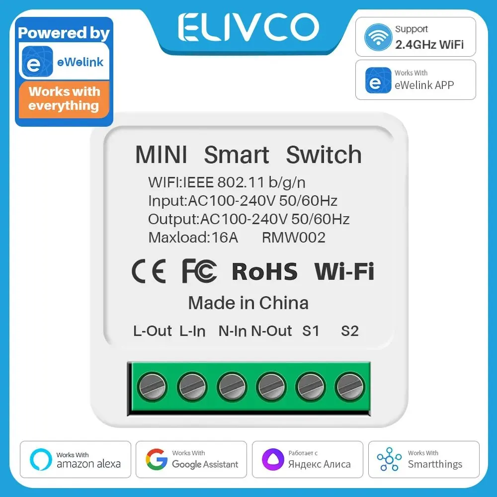 EWelink 와이파이 스위치 미니 스마트 양방향 DIY 스위치, 회로 차단기, 타이머 모듈, 알렉사 구글 홈 앨리스 스마트싱스 지지대, 16A