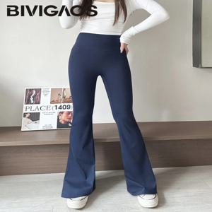 BIVIGAOS 용수철 샤크스킨 플레어 레깅스 여성용, 캐주얼 슬림 하이 웨이스트 타이트 피팅 말굽 바지, 네이비 컬러, 여름 신상