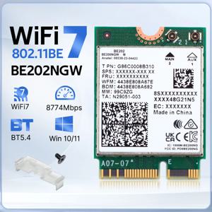 BE202 네트워크 카드 용 WiFi 7 M.2 Bluetooth 5.4 Win0/11 용 2400Mbps 트라이 밴드 2.4G/5G/6GHz BE202NGW WiFi 7 무선 WiFi 어댑터