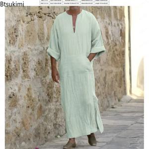 2025New 남성 긴 리넨 Jubba Thobe Kaftan 이슬람 아랍 이슬람 v 넥 긴 소매 솔리드 코튼 린넨 가운 이슬람 아라비아 남자 Abaya