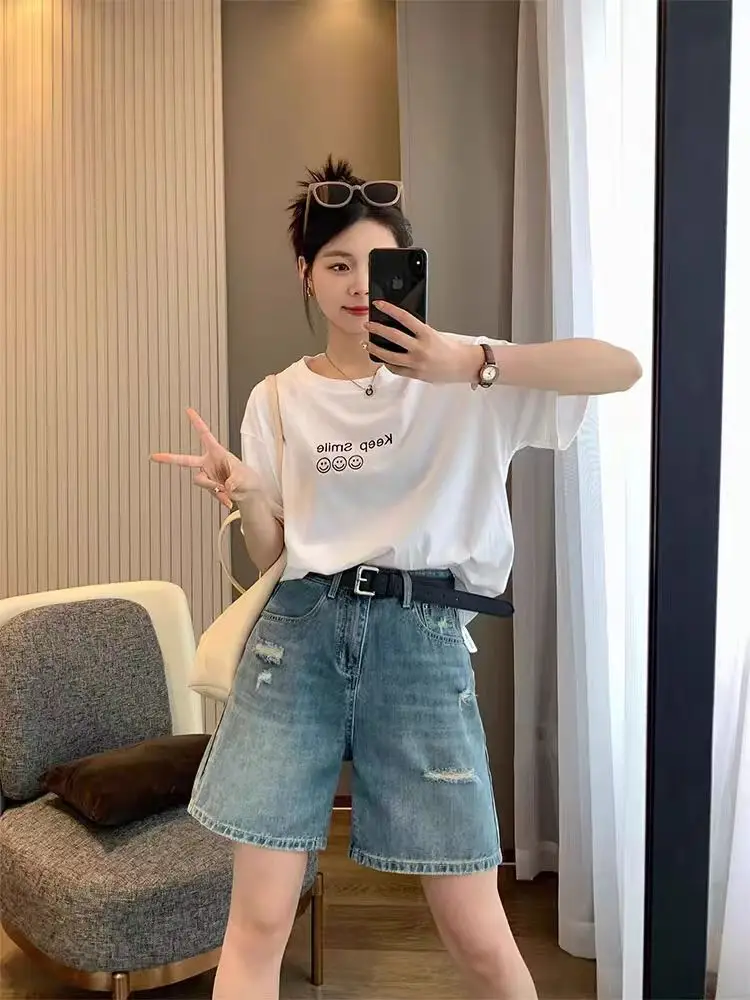 하이웨이스트 와이드 레그 진 반바지 여성용 봄 여름 신상 플러스 사이즈 홀 펀칭 슬리밍 데님 미니 숏팬츠