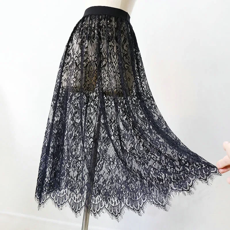 여성 섹시한 메쉬 레이스 투명 긴 Tulle 스커트 한국 패션 여름 숙녀 탄성 높은 허리 블랙 화이트 비치 미디 스커트