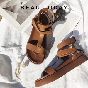 BeauToday 여름 검투사 샌들 여성 송아지 가죽 오픈 토 T-바 스트랩 후크 & 루프 여름 숙녀 신발 수제 07130