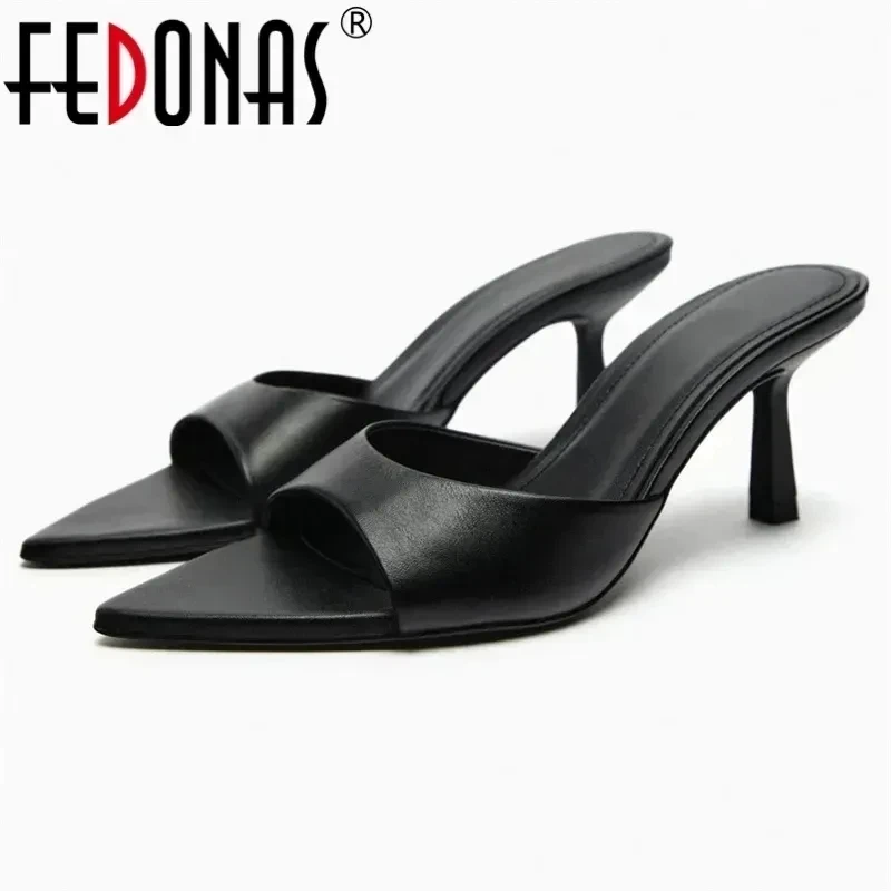 FEDONAS-여성 정품 가죽 하이힐 샌들, 섹시하고 뾰족한 오픈 토, 파티 웨딩 여름 신발, 여성용 부드러운 가죽 무도회 펌프스