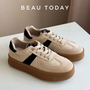 BEAUTODAY 여성용 통기성 돼지 가죽 스니커즈, 혼합 색상, 레이스업 스타일, 라운드 토, 숙녀 신발, 수제 29864, 패션