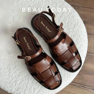 BEAUTODAY 여성용 검투사 샌들, 천연 암소 가죽, 단색 커버, 발가락 버클, 금속 장식, 여름 숙녀 플랫, 수제 32406