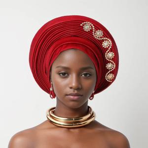 나이지리아 웨딩 Geles 아프리카 Headtie 여성을위한 자동 Gele Turbans Aso Oke 패브릭 이슬람 모자를 쓰고 있죠 헤드 피스 여성 머리 랩