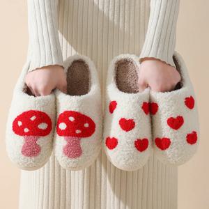 여성용 하우스 슬리퍼, 귀여운 크고 작은 하트, 푹신하고 아늑한 여성용 신발, 겨울용 실내 슬리퍼, 버섯
