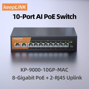 KeepLiNK 업링크용 기가비트 스위치, 비관리형 플러그 앤 플레이, 8-PoE 및 2-RJ45, 10 포트
