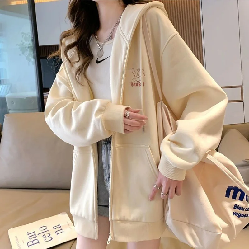 여성 자수 프린트 스포티 한 세련된 후드 캐주얼 지퍼 업 긴 소매 루즈 자켓 코트 하라주쿠 후드 티셔츠 streetwear