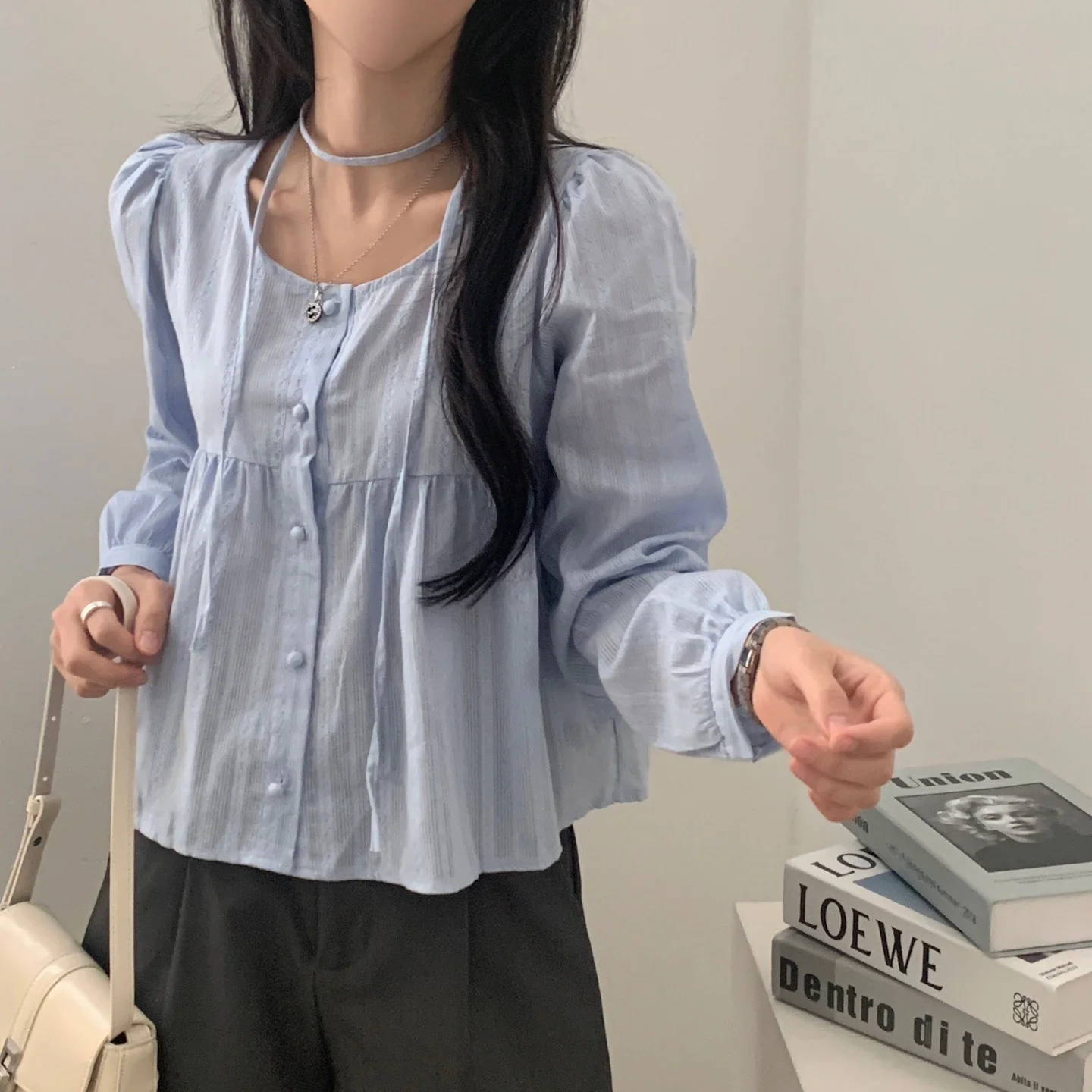 라운드 넥 셔츠 루즈핏 라운드 넥 긴팔 라운드 넥 레이스 바인딩 숏 셔츠 상의 셔츠 라운드 넥 긴팔 레이스 바인딩 숏 셔츠 상의 셔츠