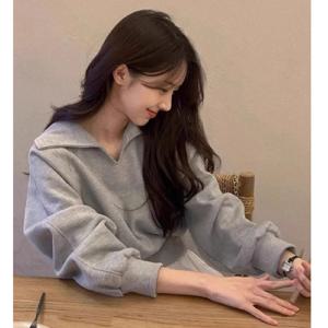 시크한 가을 라펠 후디 여성용 고급스러운 느낌 긴 소매 면 안감 오버헤드 스웨트셔츠 8-24세 대상