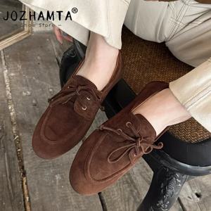 JOZHAMTA 여성용 캐주얼 플랫 로퍼 신발, 암소 스웨이드 가죽 로우 힐 신발, 레이스업 라운드 토, 빈티지 데일리 오피스, 사이즈 34-43