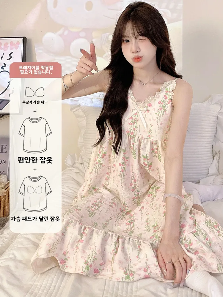 클라우드 코튼 레이스 v 넥 Strapl 브래지어 패드 수면 복장 여성 여름 잠옷 얇은 꽃 프린트 가운 Sweet Home Leisure