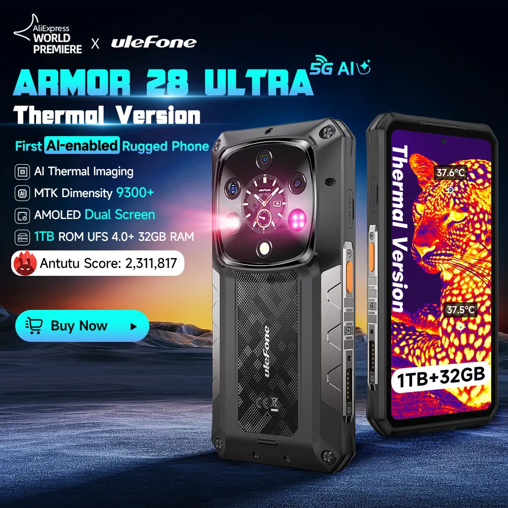 【세계 최초 공개】Ulefone Armor 28 Ultra 5G AI 열화상 견고한 휴대전화 1TB ROM 32GB RAM 안드로이드 스마트폰 AMOLED 6.67