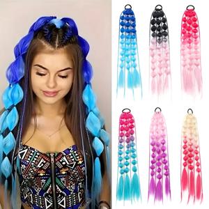 합성 포니 테일 확장 Corlorful Bubble Braid 긴 랜턴 땋은 포니 테일 헤어 타이 여성용 스트레이트 헤어 피스
