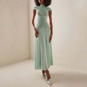 민트 공식 파티 드레스 맥시 플리츠 스판덱스 Tulle 하이 칼라 인어 이브닝 가운 여성용 캡 슬리브 발목 길이 댄스 파티 드레스
