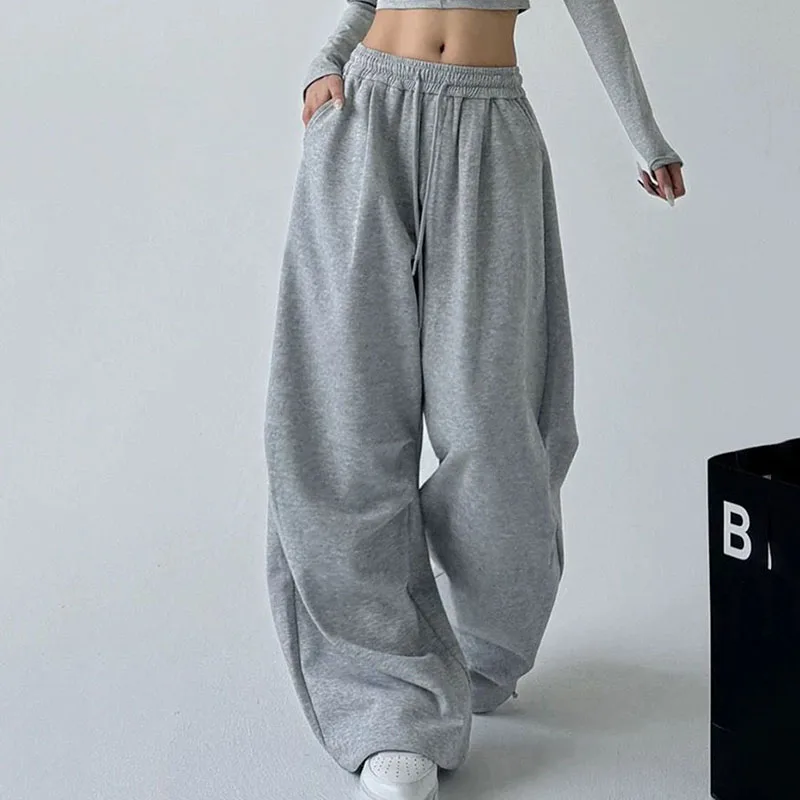 2025 뉴 하라주쿠 와이드 레그 스웨트 팬츠 여성 streetwear 헐렁한 오버 사이즈 그레이 스포츠 바지 여성 drawstring 캐주얼 조깅 바지