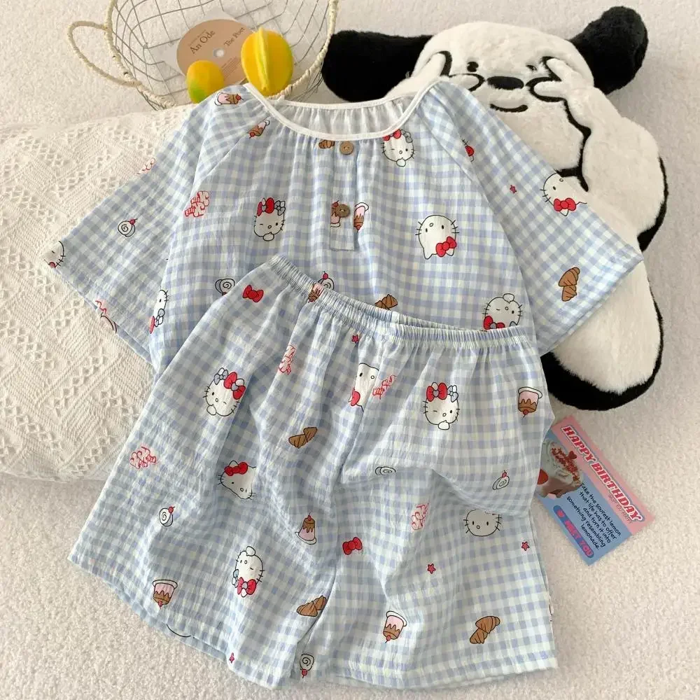 2Pcs 여름 잠옷 세트 Sanrioed Anime 헬로 키티 Kawaii Homewear 여성용 반팔 탑 반바지 Sweet Cute Sleepclothes Set