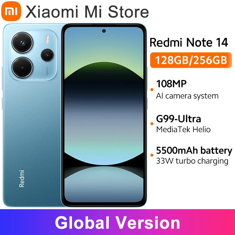 【월드 프리미어】글로벌 버전 Xiaomi Redmi Note 14 MediaTek Helio G99-Ultra 108MP AI 카메라 5500mAh 6.67인치 120Hz AMOLED 디스플레이