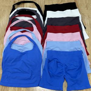 2pcs 충격 체육관 세트 여성 등받이 탱크 탑 높은 허리 Scrunch 원활한 반바지 피트니스 의류 Activewear 운동 세트 체육관 양복