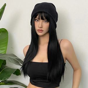 블랙 합성 가발, 롱 스트레이트 가발, 스트레이트 앞머리, 데일리 파티 코스프레 가발, 고온 실크 가발, 풀 헤드 커버