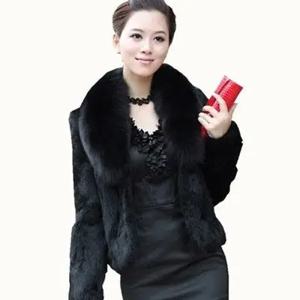 고품질 가짜 토끼 머리 코트 여성 따뜻한 겉옷 가을 겨울 짧은 가짜 여우 모피 칼라 코트 자켓 오버 코트