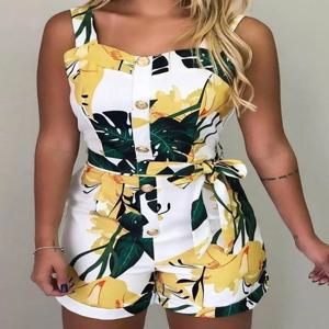 민소매 프린트 버튼 디자인 Rompers 여성 Playsuits 두꺼운 스트랩 캐주얼 슬림 여름 원피스 오버올