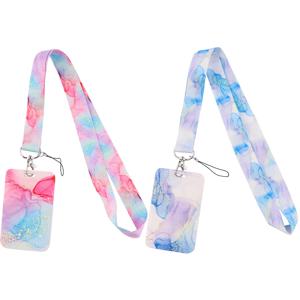 Ransitute R2504 페인팅 아트 핑크 블루 대리석 패턴 매는 밧줄 신용 카드 ID 홀더 배지 여성 은행 명함 커버 배지