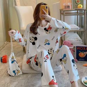 만화 미키와 미니 인쇄 소녀 긴 소매 잠옷 봄 가을 잠옷 숙녀 잠옷 귀여운 패턴 Homewear 세트