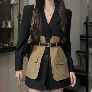 여성용 루즈 스플라이스 포켓 블레이저, 한국 슈러그 노치, 싱글 브레스트 블레이저, 벨트 포함, 오리지널 디자인, 새로운 패션